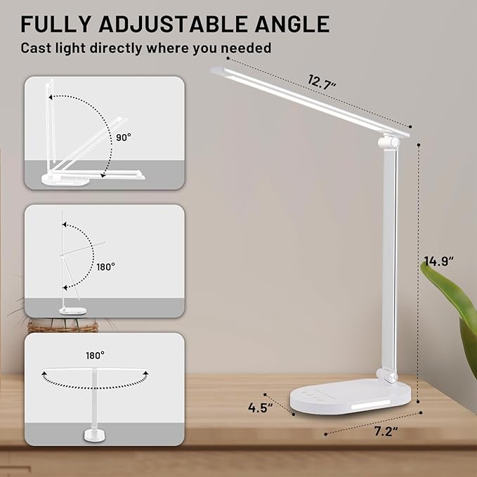 LED Desk Lamp for Home Office, Dimmable Table Lamp with USB Charging Port, 5 Lighting Modes, Sensitive Control, 60 Minutes Auto-Off Timer, Eye-Caring Office Lamp(White) - LeafyLoom