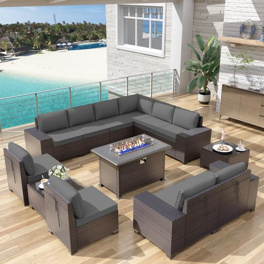 Patio Furniture Sectional Sofa Set 13-Pieces PE Rattan Patio Conversation Set w/43in Gas Fire Pit Table, Outdoor Furniture with 55000 BTU Propane Fire Pit, Grey - LeafyLoom