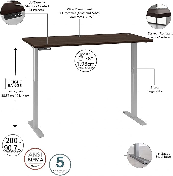 Bush Business Furniture Move 60 27-48-Inch Adjustable Desk, Black Walnut/Cool Gray Metallic (M6S6030BWSK) - LeafyLoom