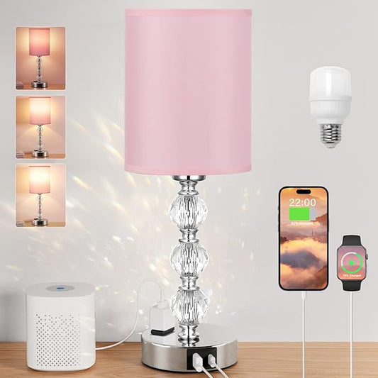 Pink Touch Bedside Lamps for Bedrooms - Crystal Table Lamp with USB C+A Charging Port and AC Outlet Nightstand, 3 Way Dimmable Silver Small End Side Table Lamp for Living/Guest/Dinning Room/Kitchen - LeafyLoom