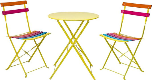 Alpine Corporation MSY114A Rainbow Metal Bistro Set w Two, Table: 24" L x 24" W x 28" H Chair: 16" L 18" W x 32" H - LeafyLoom