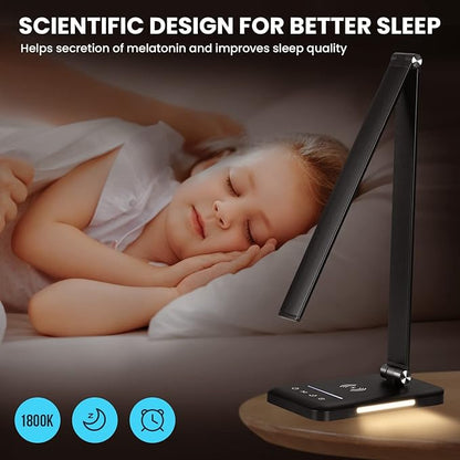 LED Desk Lamp with Night Light, Fast Wireless Charger, USB Charging Port, 10 Brightness, 5 Color Modes, Dimmable Bedside Table Lamp for Bedroom, Touch Control, Auto Timer, 1200Lux Super Bright - LeafyLoom