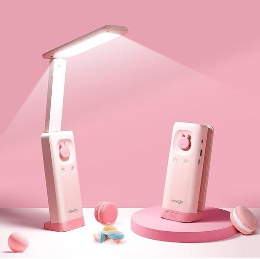 VAVOFO Desk Lamp Foldable Portable Cute Desk Lamp, Battery Powered Desk Lamp, Built-in 6000mAh Rechargeable, 3 Color Warm Pink Desk Lamp, USB C Rechargeable Desk Lamp, Cordless Desk Lamp, Battery Lamp - LeafyLoom