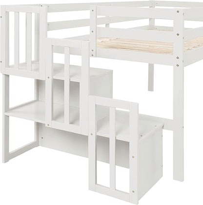 Bellemave Low Loft Bed for Kids,Twin Size Loft Bed with Storage Staircase,Wood Loft Bed Frame for Boys Girls Teens(White) - LeafyLoom