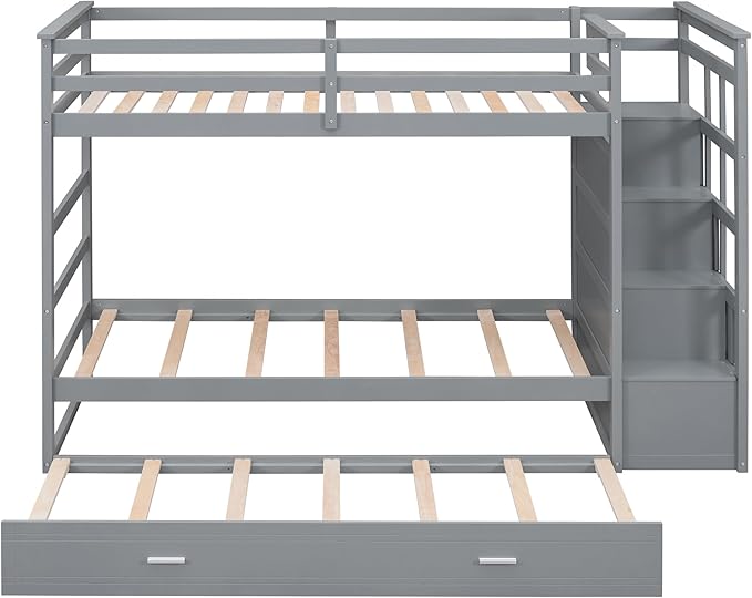 Twin Over Twin Bunk Bed with Stairs, 4 Storage Drawers and Trundle, Wooden Bunkbeds with Staircase and Full-Length Guardrails, for Kids/Teens Bedroom, Gray - LeafyLoom