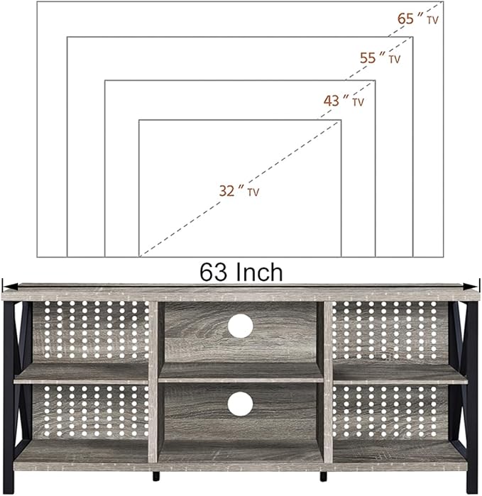 LVB TV Stand for 75 Inch TV, Long Modern Rustic Wood Entertainment Center, Large Industrial Metal Media Television Stands with Console Table Cabinet Storage for Living Bedroom, Light Gray Oak, 63 Inch - LeafyLoom