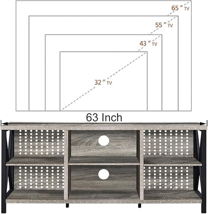 LVB TV Stand for 75 Inch TV, Long Modern Rustic Wood Entertainment Center, Large Industrial Metal Media Television Stands with Console Table Cabinet Storage for Living Bedroom, Light Gray Oak, 63 Inch - LeafyLoom