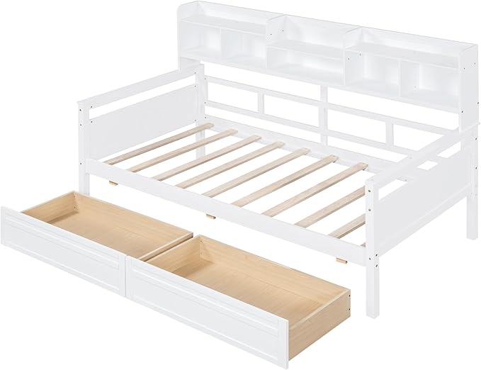 Merax Wood Daybed with with Bedside Shelves and Two Drawers, Twin Size Sofa Bed Frame for Kids Teens Adults, No Box Spring Needed White - LeafyLoom