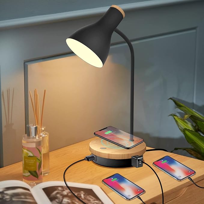 Metal Desk Lamp Wireless Charging Table Lamp Touch Reading Lights Arc Desk Lamps for Bedroom, 3 Way Dimmable Bedside Lamp with USB Charging Ports, Reading Lamp for Study Room and Office (Black-02) - LeafyLoom