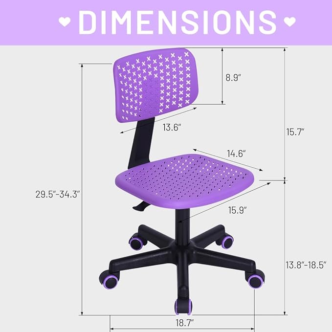 Desk Chair Armless Cute Office Chair, Low Back Rolling Home Office Task Chair Adjustable Swivel Study Chair for Girls Teens Adults Children Kids, Purple - LeafyLoom