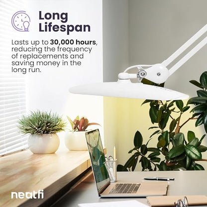 Neatfi XL 2,200 Lumens LED Task Lamp, 24W Super Bright Desk Lamp, 117 Pcs SMD LED, 4 Level Brightness, Dimmable, Task LED Light for Home, Office, Workbench (CCT, White) - LeafyLoom