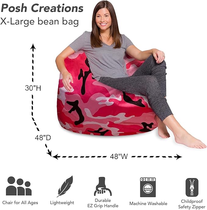 Posh Creations Bean Bag Chair for Kids, Teens, and Adults Includes Removable and Machine Washable Cover, Soft Nylon - Camo Pink and Black, 48in - X-Large - LeafyLoom