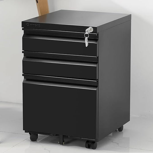 3-Drawer Mobile File Cabinets Rolling Metal Filing Cabinet for Legal & Letter File Anti-tilt Design with Lock Under Desk Office Drawers Fully Assembled Except Casters Black - LeafyLoom