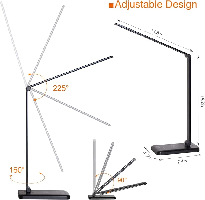 LED Desk Lamp with Wireless Charger,Eye-Caring Table Lamps,Stepless Dimmable Office Lamp with USB Charging Port,Touch/Memory/Timer Function,25 Brightness Lighting,Foldable Lamp - LeafyLoom