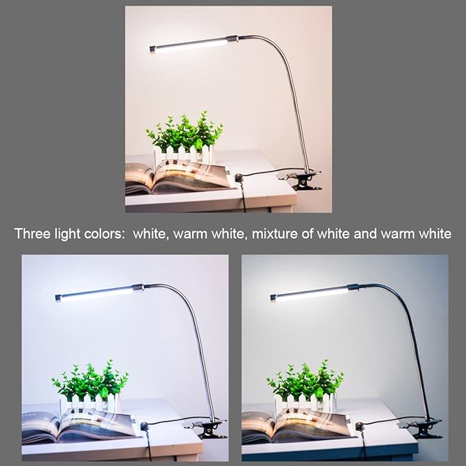 Meichoon Desk Lamp with Clamp Flexible Metal Hose Desktop Clip-On LED Illuminating Light Eye-Caring Table Lamp for Bedroom Bedside Office Study Work Reading Embroidery UK10 White - LeafyLoom