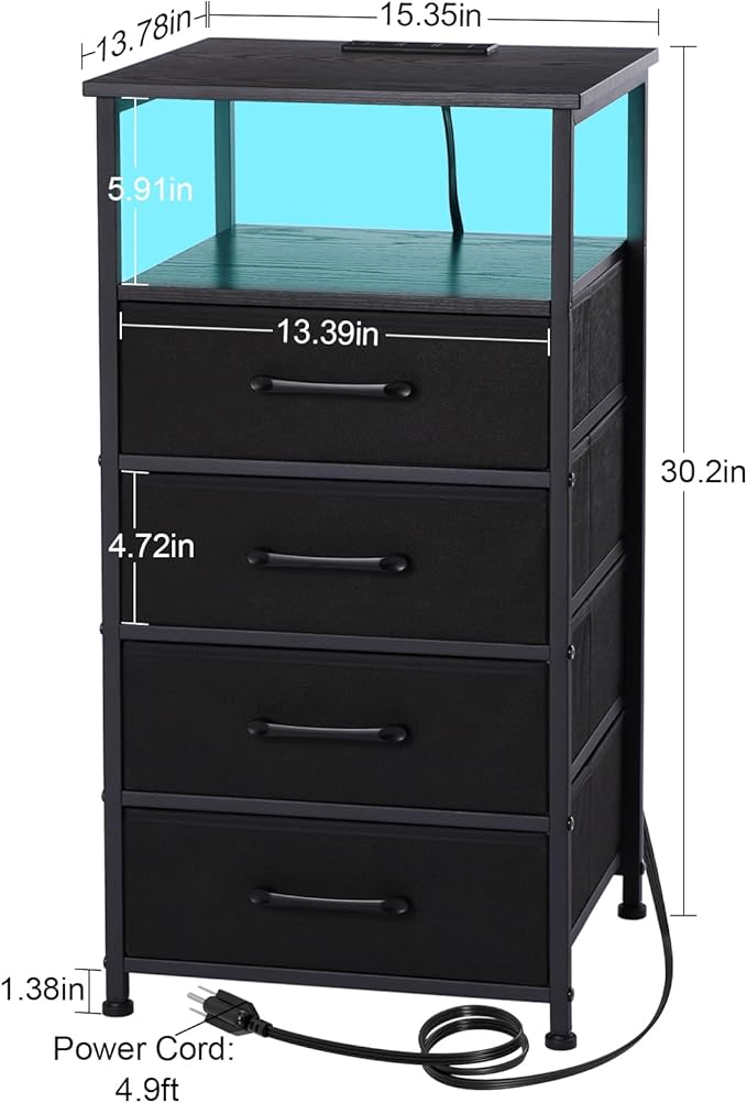 Nightstands Set of 2, Large End Tables Living Room, Bed Side Tables with Charging Station, 30" Tall Night Stand with 4 Fabric Drawers and LED Light Strip for Bedroom FBAHNS014BK - LeafyLoom