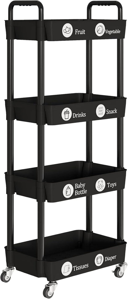 4-Tier Storage Cart,Multifunction Utility Rolling Cart Kitchen Storage Organizer,Mobile Shelving Unit Cart with Lockable Wheels for Bathroom,Laundry,Living Room,With Classified Stickers,Black - LeafyLoom