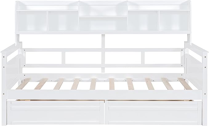 Merax Wood Daybed with with Bedside Shelves and Two Drawers, Twin Size Sofa Bed Frame for Kids Teens Adults, No Box Spring Needed White - LeafyLoom