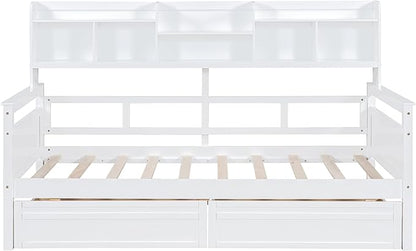 Merax Wood Daybed with with Bedside Shelves and Two Drawers, Twin Size Sofa Bed Frame for Kids Teens Adults, No Box Spring Needed White - LeafyLoom