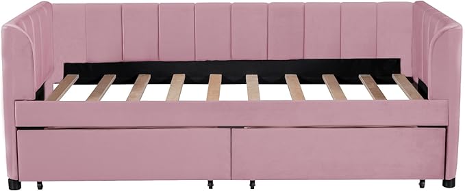 Modern Twin Size Upholstered Daybed Frame with Storage Drawers, Elegant Velvet Fabric Sofa Bed with Ergonomic Design Backrest and Armrests, No Box Spring Needed, Pink - LeafyLoom