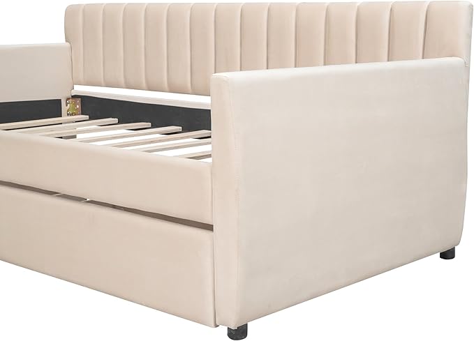 Velvet Upholstered Twin Daybed with Two Storage Drawers, Solid Wooden Sofa Bed Frame w/Vertical Stripes Designed Backrest and Pine Legs, Space-Saving Design, Beige - LeafyLoom