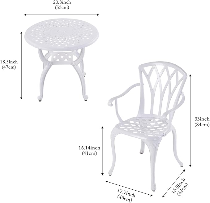 Jardin DE CENTENNAIL 3-Piece Outdoor Bistro Set Cast Aluminum Rust-Resistant Patio Furniture Armchairs Design (White) - LeafyLoom