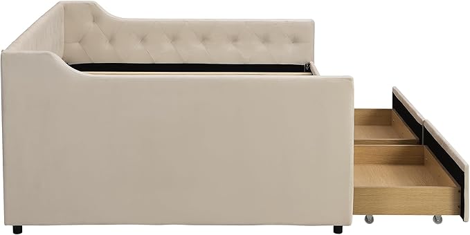 Full Size Velvet Upholstered Tufted Daybed with 2 Drawers,Modern Wood Bed Frame w/Armrests,Slat Support,No Box Spring Needed,Daybeds for Apartment,Bedroom,Guest Room,Beige - LeafyLoom