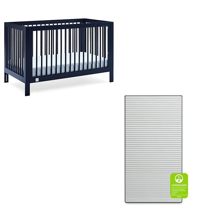 babyGap by Delta Children Charlie 6-in-1 Convertible Crib TrueSleep Crib and Toddler Mattress (Bundle), Navy - LeafyLoom