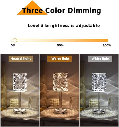 Portable Crystal Table Lamp,Acrylic Cordless LED Desk Lamp with Touch Control, 3 Color Touch Control Rechargeable Lamp, Night Light, Bedside Lamp,Dining Room Lamp (3 Color Crystal Lamp) - LeafyLoom