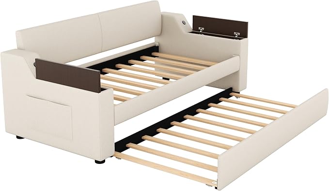 Upholstered Size Upholstery Trundle, Daybed Sofa Bed Frame with Storage Arms & USB Charging Design for Living Room Bedroom, Beige, Twin XL - LeafyLoom