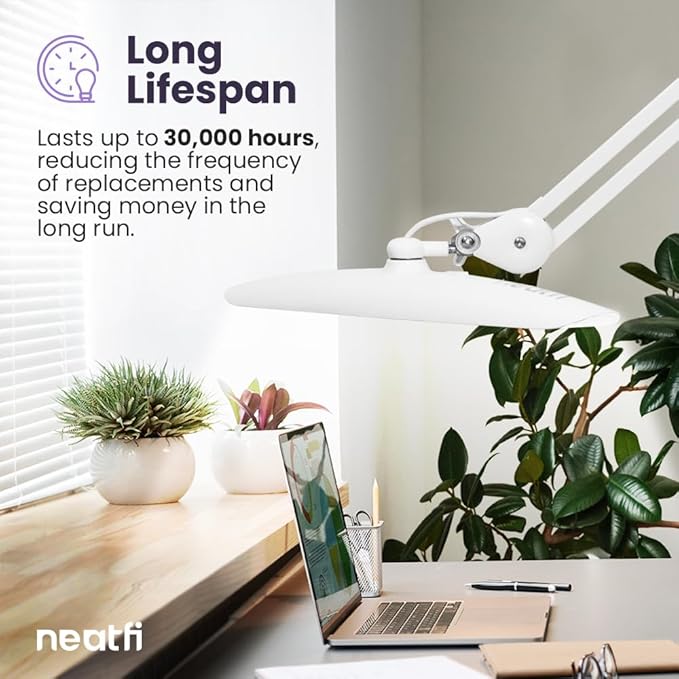 Neatfi XL 2,200 Lumens LED Task Lamp, 24W Super Bright Desk Lamp, 117 Pcs SMD LED, 4 Level Brightness, Dimmable, Task LED Light for Home, Office, Workbench (Non-CCT with Base, White) - LeafyLoom