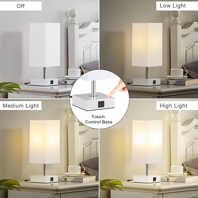 Ambimall White Table Lamp with USB Ports - 3 Way Touch Lamps Beside Desk, Nightstand Lamp for Bedrooms Living Room, White Shade with White Base, LED Bulb Included(White) - LeafyLoom