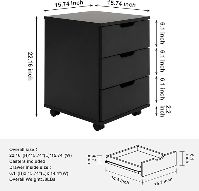 Farini 3-Drawer Vertical Filing Cabinet Rolling Wood Mobile File Cabinets Under Desk for Home Office with Casters (Black, Non-Assembled) - LeafyLoom