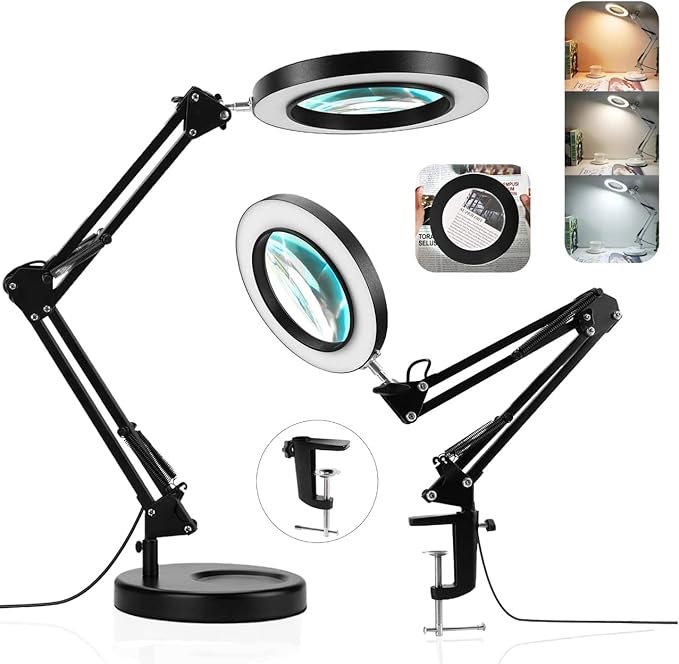 Magnifying Glass with Light and Stand - 2-in-1 Stepless Dimmable LED Magnifying Desk Lamp with Clamp - 3 Color Modes Lighted Magnifier Lens Swivel Arm Light for Reading, Craft, Close Works - LeafyLoom