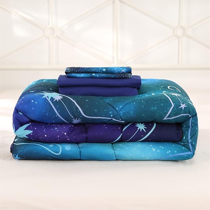 Wowelife 5 Piece Galaxy Space Cat Bedding Comforter Set Queen Constellation Bedding Set Blue Kids Bedding Set Bed in a Bag for Boys and Girls with Comforter, Flat Sheet, Fitted Sheet and 2 Pillowcases - LeafyLoom