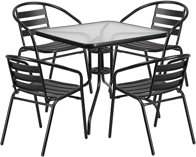 Flash Furniture 5-Piece Patio Dining Set with 31.5" Square Glass Metal Table and 4 Stackable Slat Back Chairs, Indoor/Outdoor Bistro Table and Chairs Set, Black - LeafyLoom