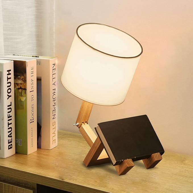 ELINKUME Robot Desk Lamp Set of 2, Creative Bedside Lamp for Bedroom,Wooden Lamp Body Adjustable,DIY E26 Living Room Table Lamps with Fabric Shade,Modern Indoor Decorative Lighting - LeafyLoom