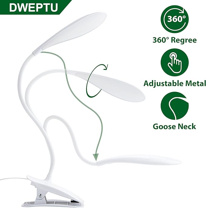 LED Desk Lamp Eye-caring Clamp Light Clamp Lamps Reading Lights with USB Port, 360°Flexible Gooseneck Bed Night Light (Include AC Power Plug) - LeafyLoom