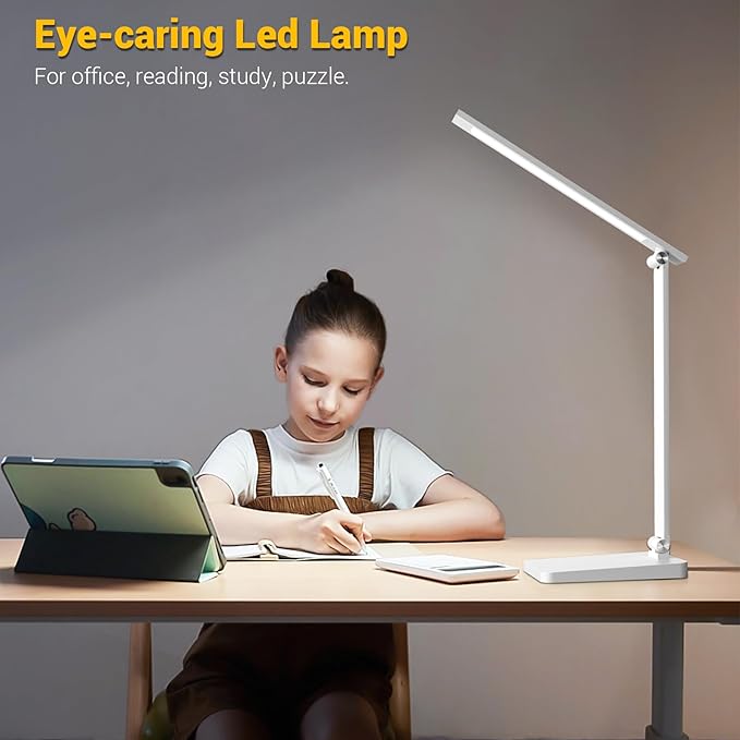 LED Desk Lamp for Home Office, 3 Levels Dimmable Desk Light with USB Charging Port, Small Study Lamp, Reading Light for Table, White, 5000K - LeafyLoom