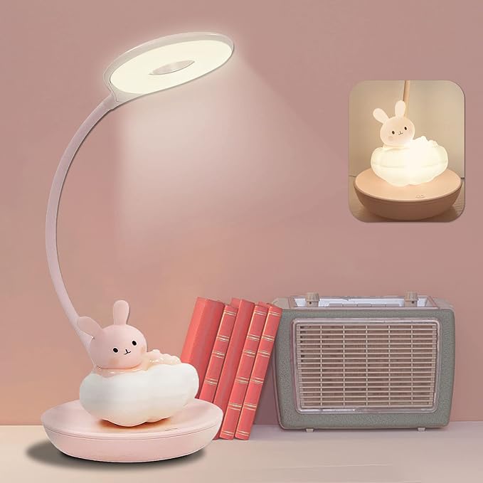 Kids Desk Lamp Pink, Dimming Desk Lamp for Girls with Exclusive Cartoon Look, Cute Night Light for Kids Bedroom, Eye-Caring LED Portable Reading Lamp for Child, Unique Gift (Pink Rabbit) - LeafyLoom