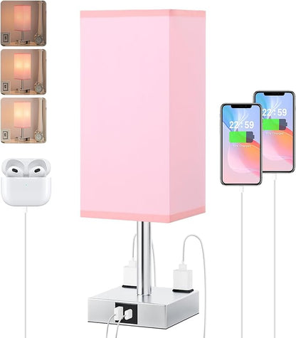 Touch Bedside Table Lamp For Nightstand - 3-Way Dimmable Night Lamp with USB A + Type C Charging Ports and two AC Outlets, Small Desk Light with E26 LED Bulb for Bedroom Living Room Dorm Office, PINK - LeafyLoom