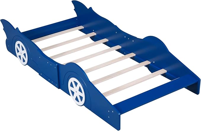 Car Shaped Toddler Bed with Wheels,Racecar Platform Beds W/Safety Guardrail,Slats Support,Stylish Design,Easy Assembly,Wood Twin Bedframe for Boys Toddlers Kids Teens Bedroom,Blue - LeafyLoom