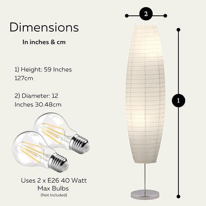 LIGHTACCENTS Rice Paper Floor Lamp 59-Inches Tall - Japanese Decor Standing Lamps for Bedrooms with White Paper Shade - Floor Lamps for Living Room - Rice Paper Floor Lamp, Dorm Room Essentials - LeafyLoom