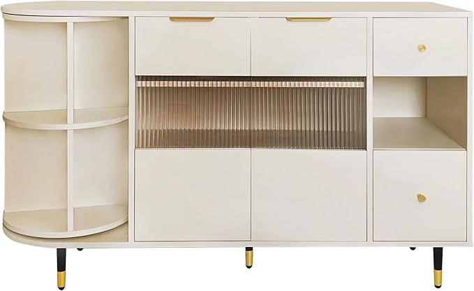 51.1" Rotating Storage Cabinet Sideboard with 2 of Tempered Changhong Glass and 2 Drawers,Wooden Console Table,w/Built-in Shelves & Turntable,for Living Room,Beige - LeafyLoom