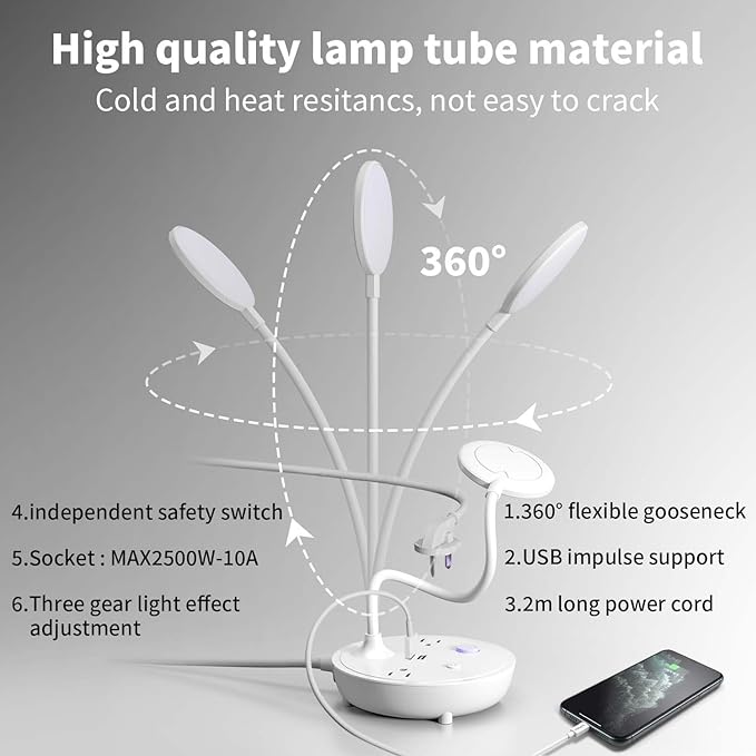 Desk Lamp Small Table Lamp for Bedside Lamp Bedroom Desk Light with Dual USB Charging Port and AC Outlet Office Reading Light Adjustable Gooseneck Working White LED Reading Lamp for Home Office - LeafyLoom