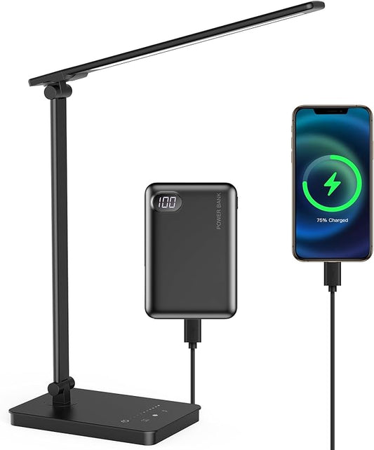 Desk Lamp Eye-Caring LED Table Lamp Dimmable Bedside Lamp with 2 USB Charging Ports and 10 Brightness Levels x 5 Colour Modes Touch Control Daylight Lamp for Office, Bedside, Reading- Auto Timer - LeafyLoom