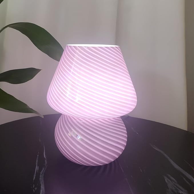 Mushroom Lamp,Glass Mushroom Bedside Table Lamps Purple Translucent Murano Vintage Style Striped Small Nightstand Desklamp Swirl Light for Home Decor, Dining, Living, Bedroom, Gift (Stripe Purple) - LeafyLoom