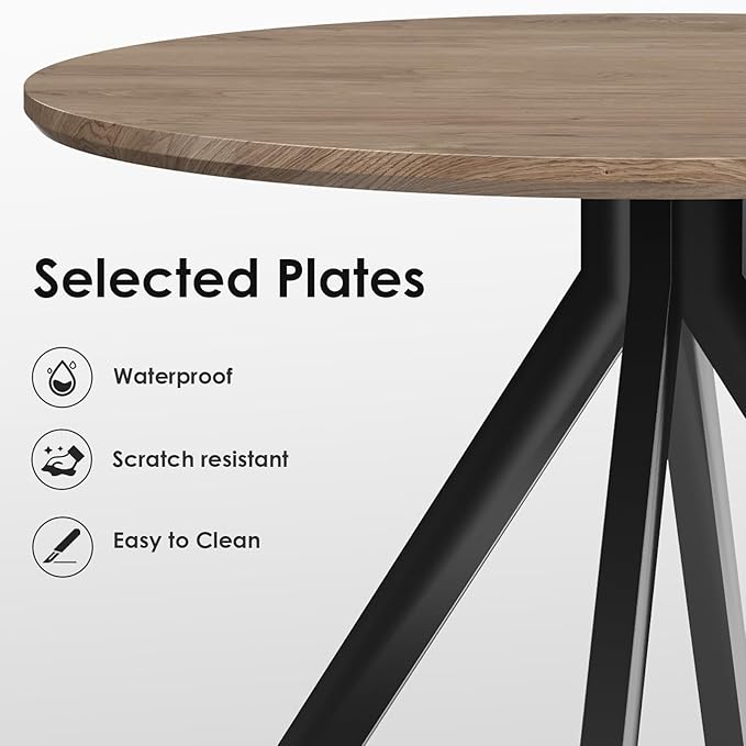 Farini Brown Dining Table for 4-6 Person,39" Round Wooden Dining Tabletop and Metal Frame for Home Kitchen Dining Desk (39 inch,100cm) - LeafyLoom