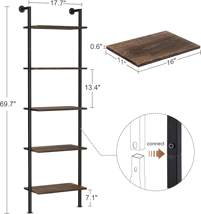 5-Tier Bookshelf Solid Wood Ladder Shelf, Narrow Book shelf Display Shelf, Wooden Ladder Shelf Bookcase, Wall Mount Ladder Shelf, Storage Rack for Living Room, Bedroom, Industrial Style, Dark Brown - LeafyLoom