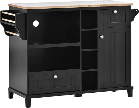 Kitchen Island with Storage on Wheels,Kitchen Island Cart w/Wine Storage Rack and 2 Drawers, Solid Wood Desktop Buffet Server Sideboard for Dining Room, Coffee Bar - LeafyLoom